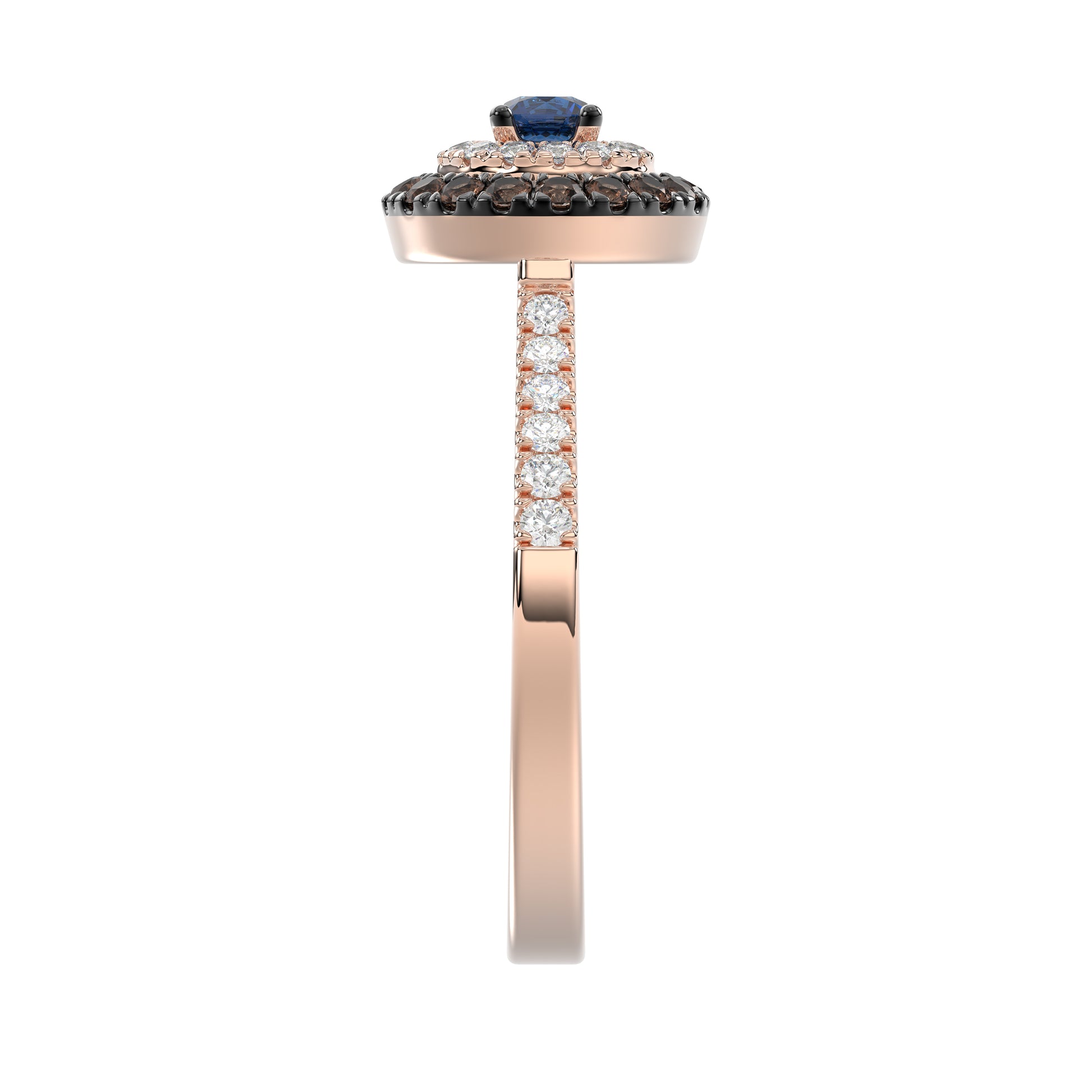 Elegant 14K Rose Gold Fashion Ring Featuring 0.55 Ct Round Diamonds In Blue And Dark Brown Tones. A Bold And Modern Fine Jewelry Piece For Women.