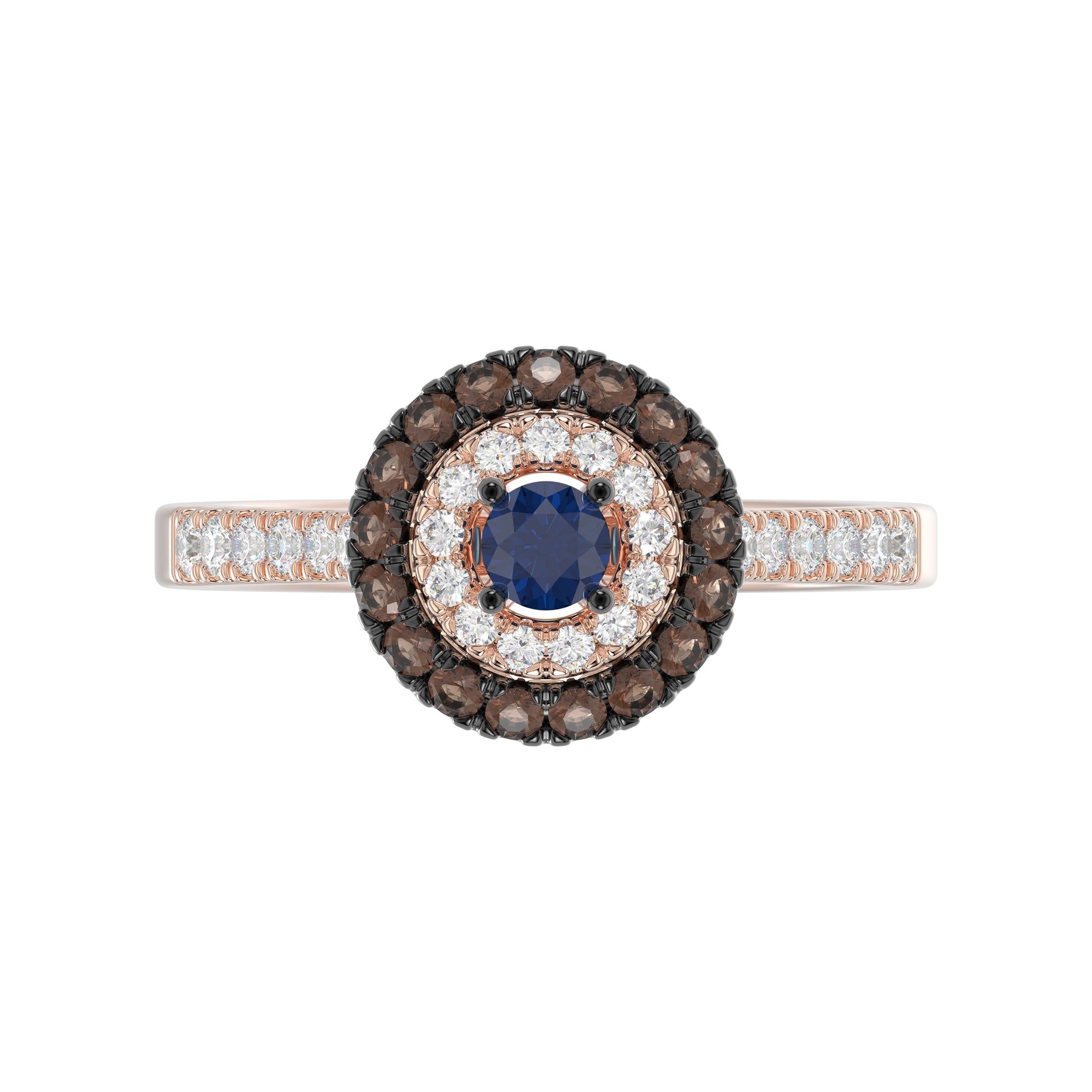 Elegant 14K Rose Gold Fashion Ring Featuring 0.55 Ct Round Diamonds In Blue And Dark Brown Tones. A Bold And Modern Fine Jewelry Piece For Women.